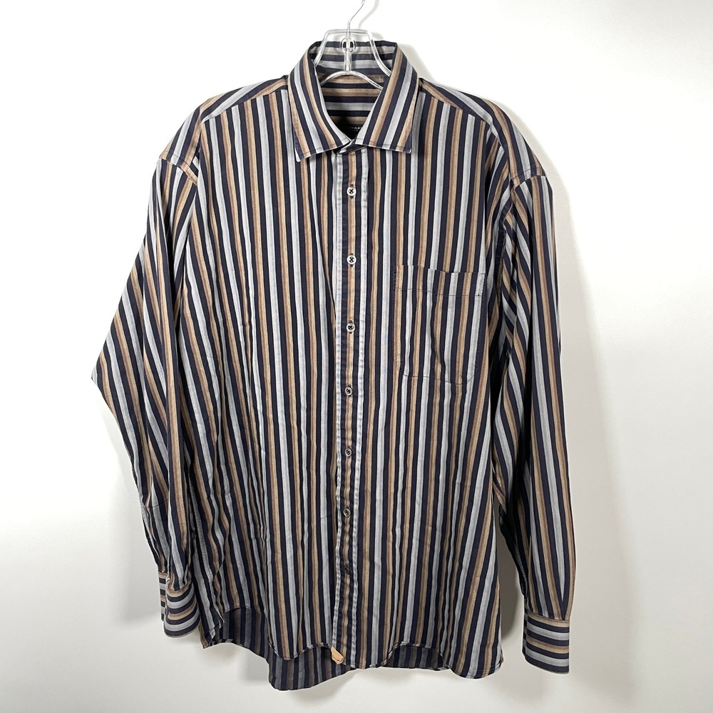Burberry London Mens L Striped Button Down Shirt Navy Tan Made in USA Cotton